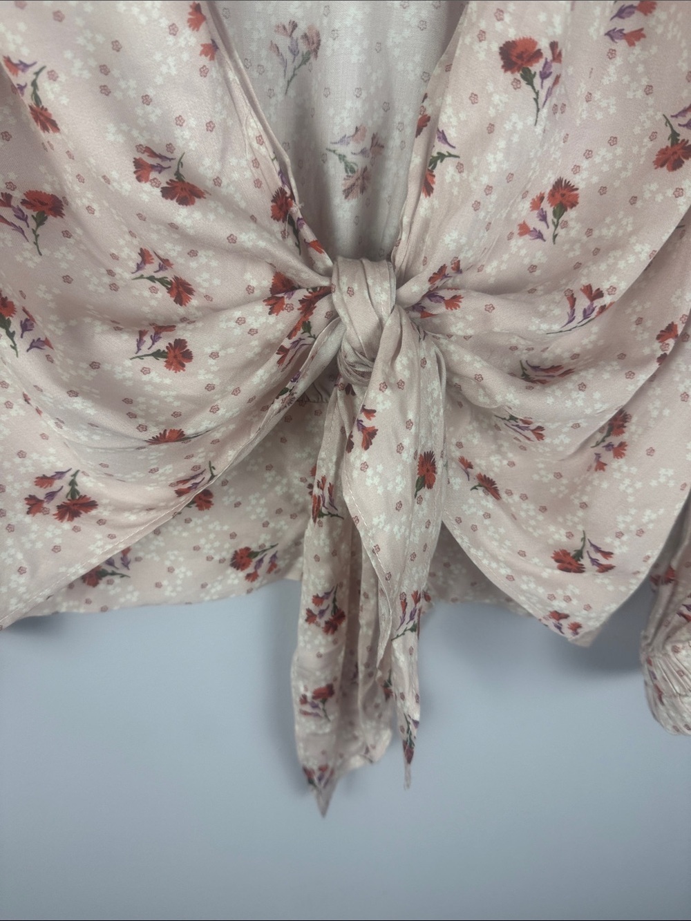 NWT Zara Floral Tie-Front Puff Sleeve Cropped Blouse - Mauve Pink - Size L - Picture 9 of 11